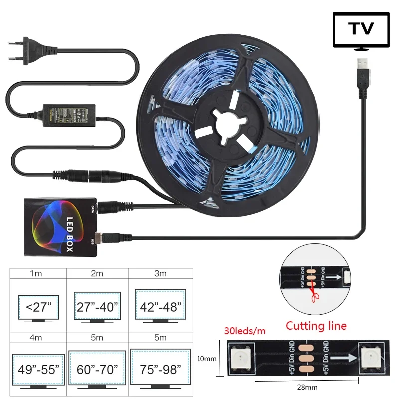 Tira de luces LED de retroiluminación para TV WS2812B, luces ambientales de 16 millones de píxeles con fuente de alimentación de caja de