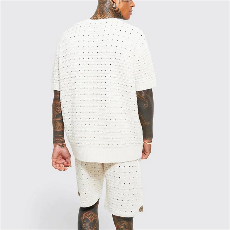 New 2024 Summer Men Shorts Set Knitted Two Piece Suits Male T-shirt and Shorts Casual Streetwear Men\'s Clothing Knit Outfits