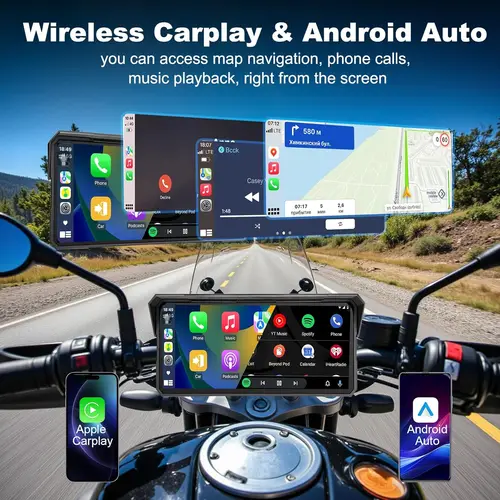 Imagen 2 del producto Pantalla CarPlay para motocicleta 4K de 8,1 pulgadas, cámara de salpicadero 4K, inalámbrica, Carplay, Android, Auto, Bluetooth, navegación GPS, pantalla impermeable IPX7