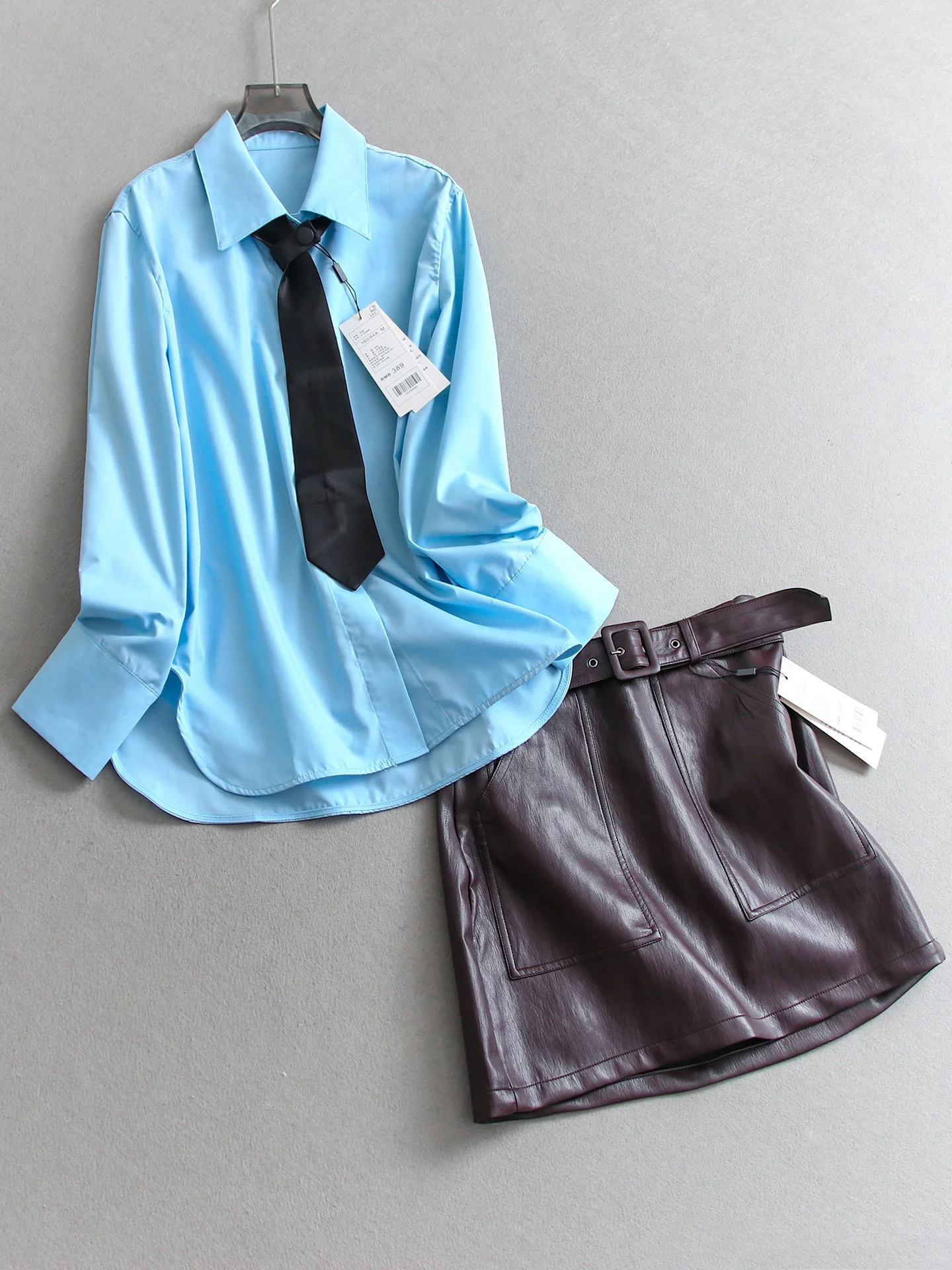 

Women's Pure Color Long Sleeve Shirt PU Leather Skirt Set Loose Fit Mid-Length Button-Up Fashion Ensemble Q706
