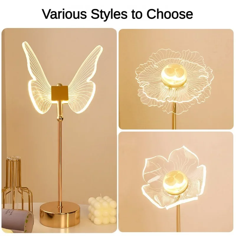 Gold Acrylic Butterfly LED Table Lamp Retro Desk Lamp Art Decor Hotel Villa LED Table Light Living Room Bedside USB Night Lights