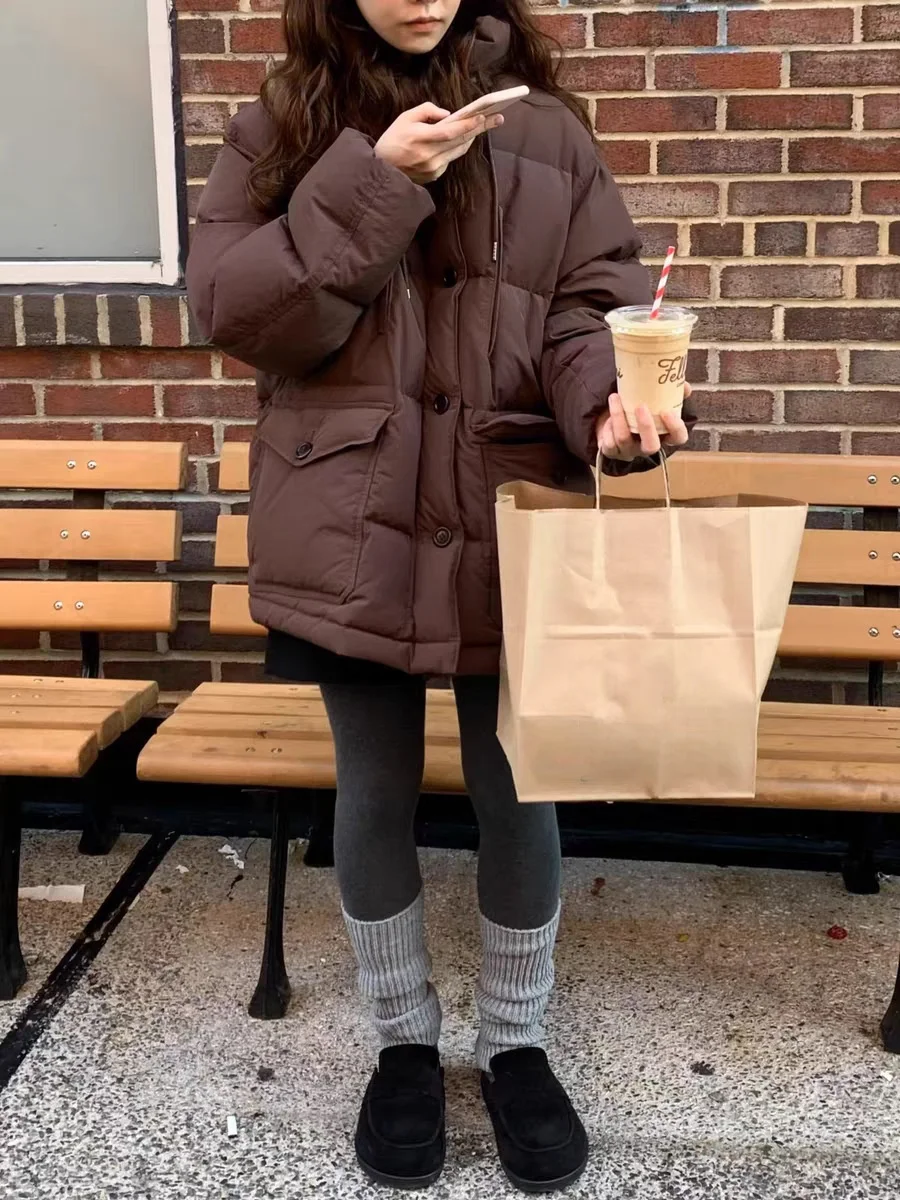 East Gate Pure Color Hooded Bread Sle down Jaet Women's Loose Workwear kets Warmth ort Outerwear Faionable Coat