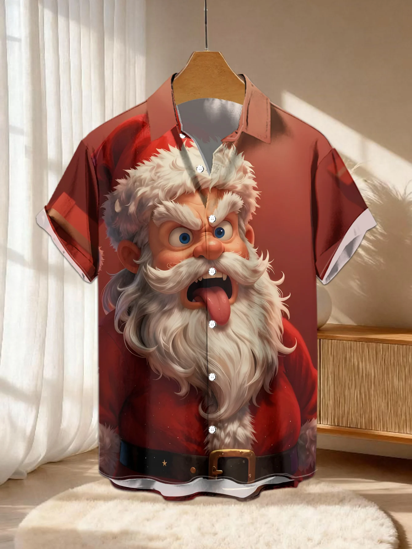 Men Short Sleeve Shirt Christmas Funny Santa Face Print Lapel Casual Holiday Party Button Down Tops Men's Clothing