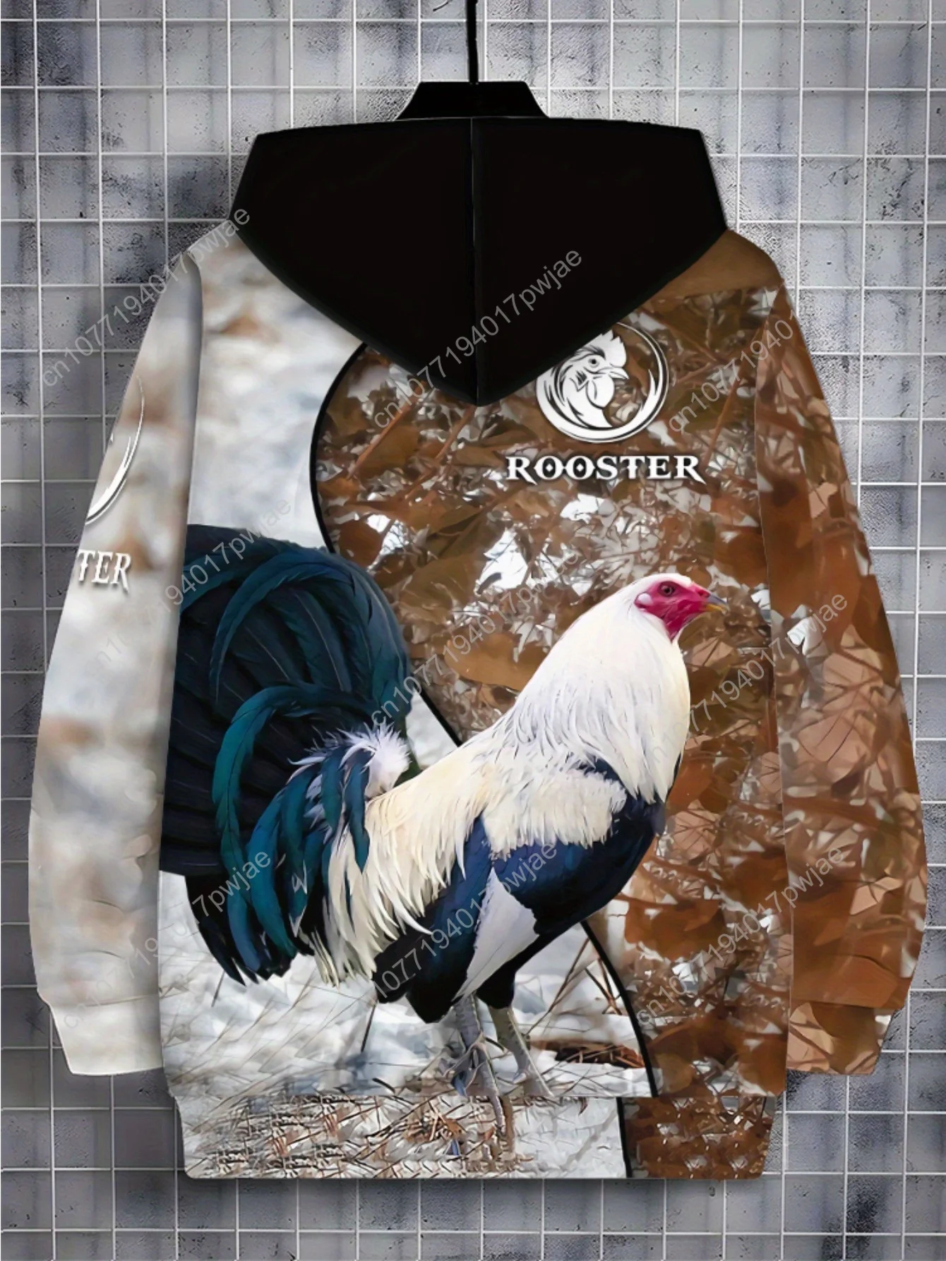 Herren-Kapuzenpullover mit künstlerischem Hahn-Print und Reißverschluss – durchgehendes Grafikdesign, normale Passform mit Kordelzug, Kapuze und Taschen, maschinenwaschbar