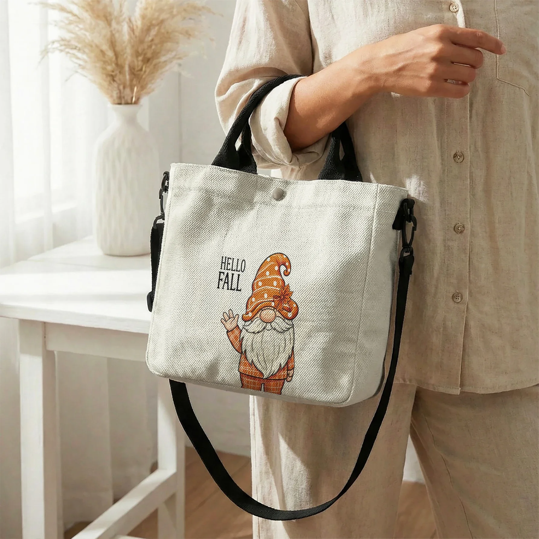 Autumn Gnome Hello Fall Print Tote Bag Large Capacity Shoulder Bag For Shopping Travel Daily Use
