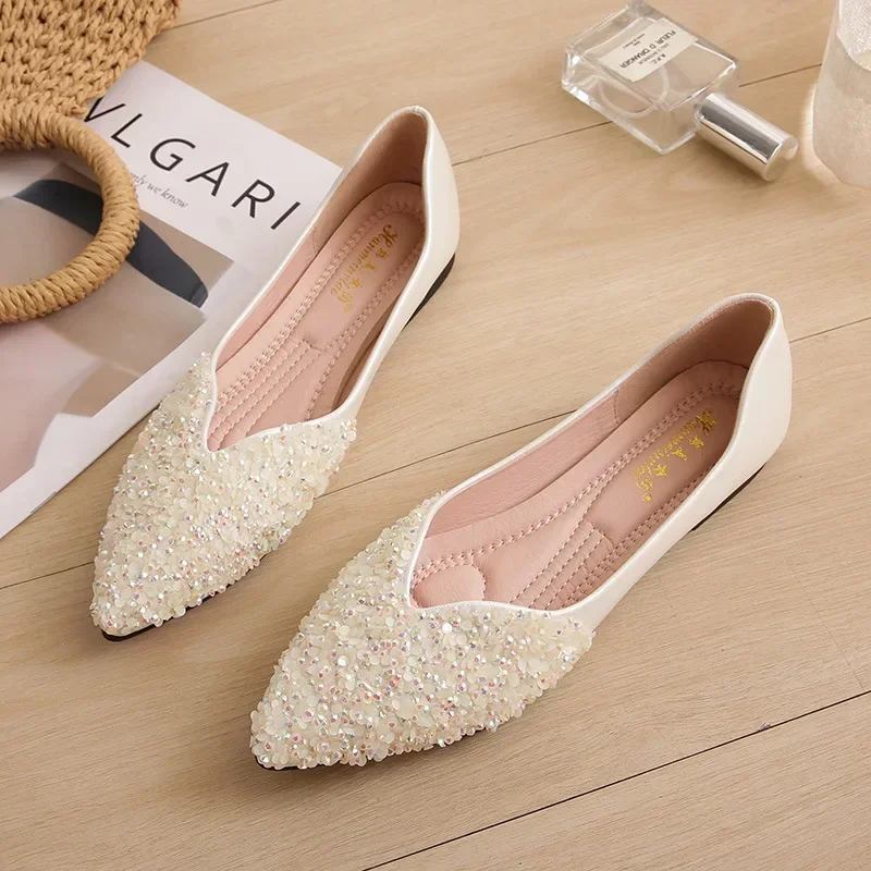 Spring and Autumn  2024 New Pointed Toe Shallow Mouth Flat Shoes Women\'s Bean Shoes Women\'s Sequins Single Shoes