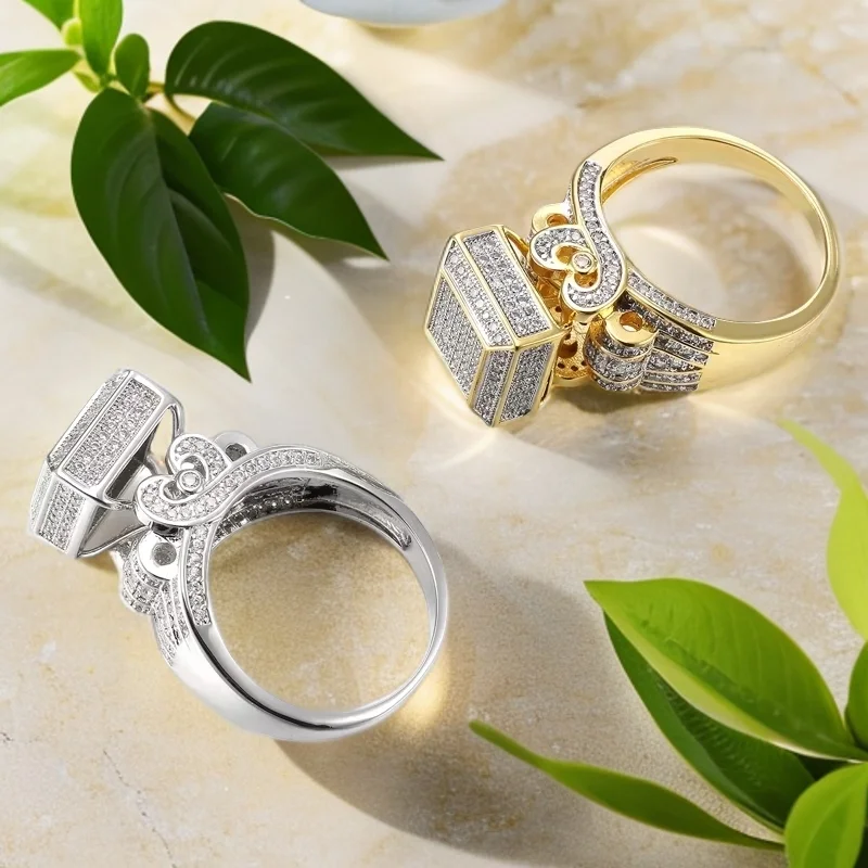 VANAXIN Iced Out Hip Hop Big Square Ring Men Cubic Zirconia Paved Bling Fine Rapper Jewelry 14k Gold Plated