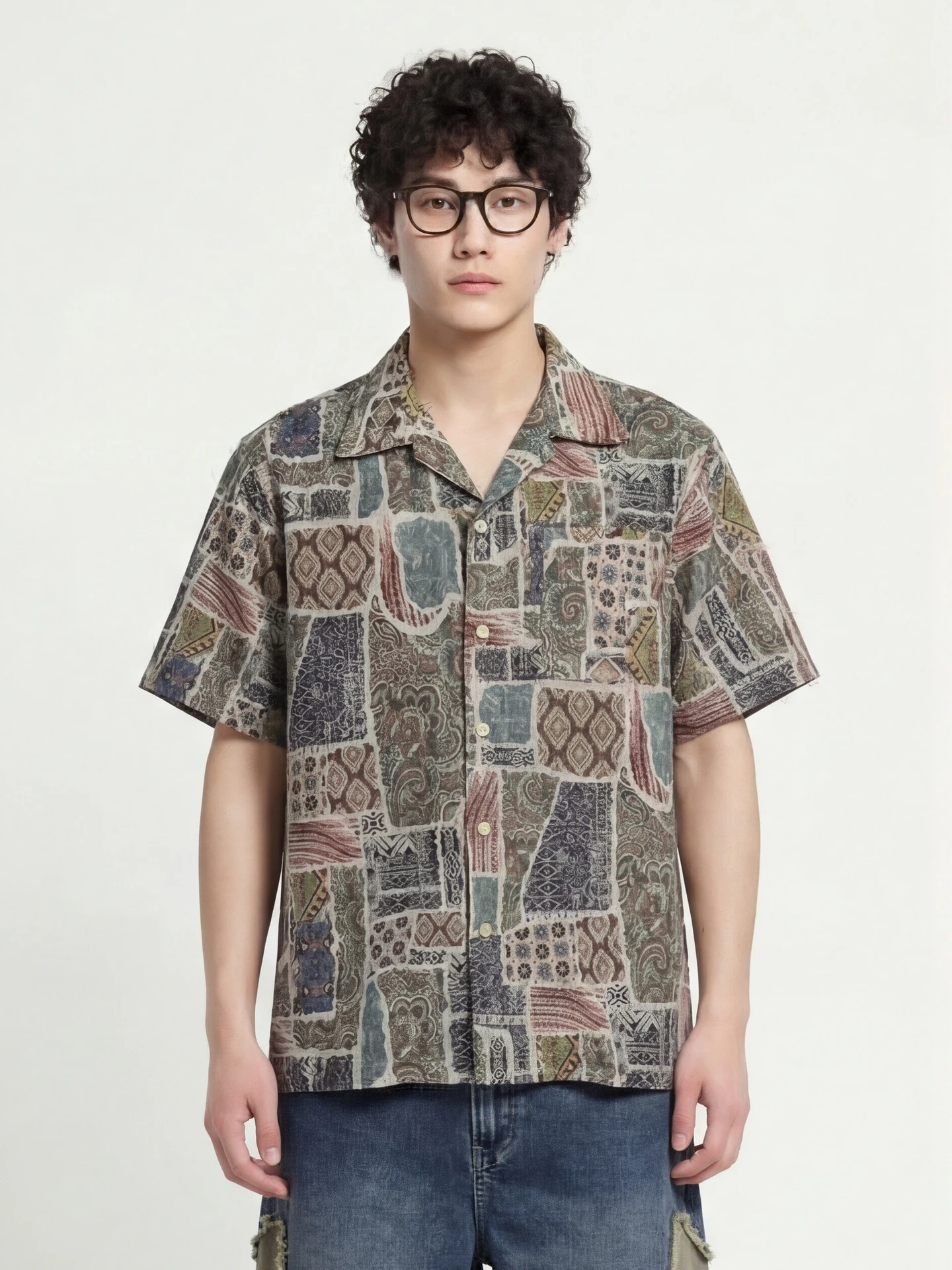 

from Vintage Ripped Cuba Collar Patchwork Print Loose Casual ort Sve ex Holiday irt Trendy Polyester Fiber Su...