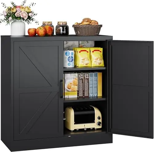 Black Storage Cabinet with Doors and Adjustable Shelves,36" Tall Farmhouse Food Pantry Cabinets,Small Sideboard