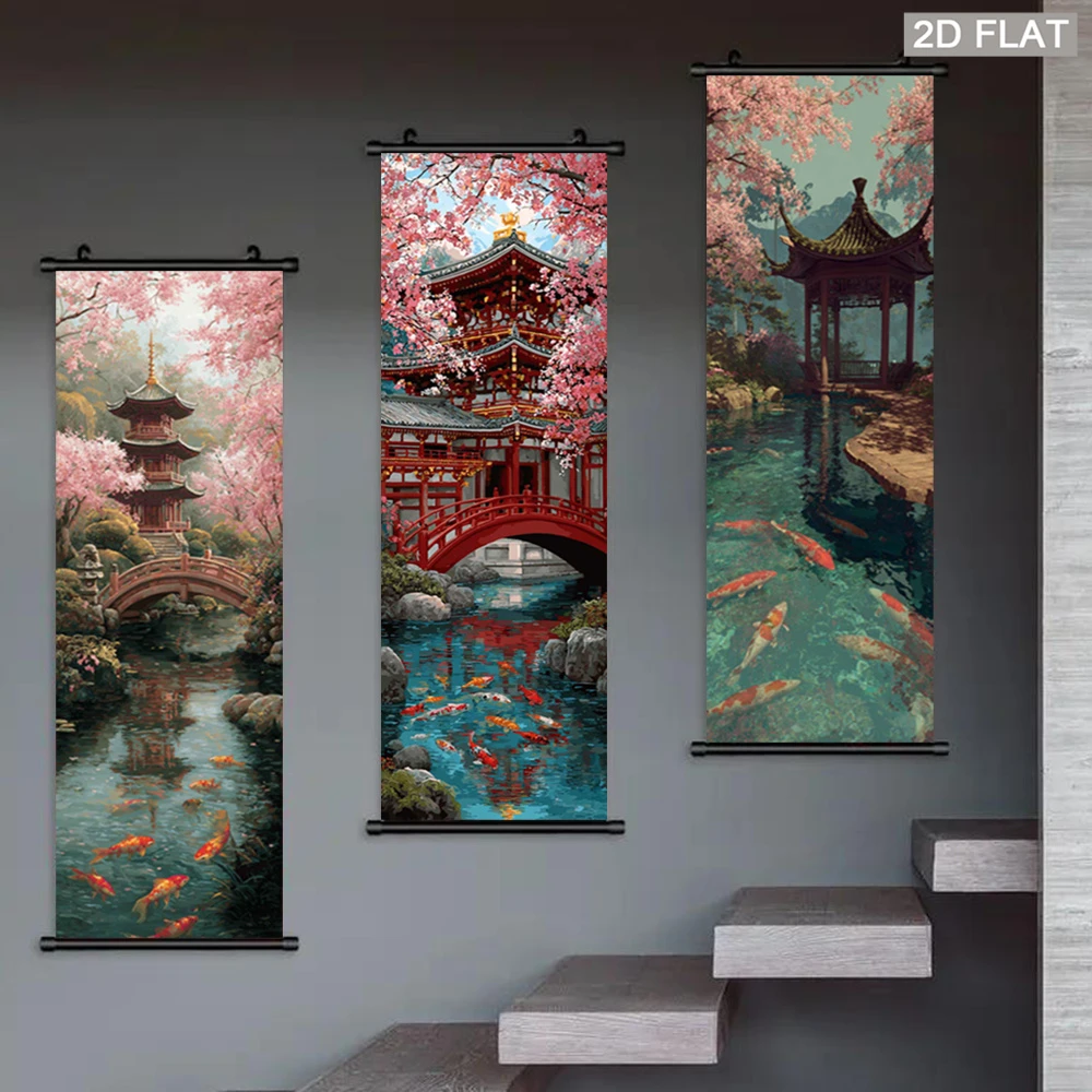 Vintage Cherry Blossom Tapestry, Pagoda Red Bridge Koi Fish Wall Scroll, Japanese Art Poster, Living Room Wall Hanging Decor