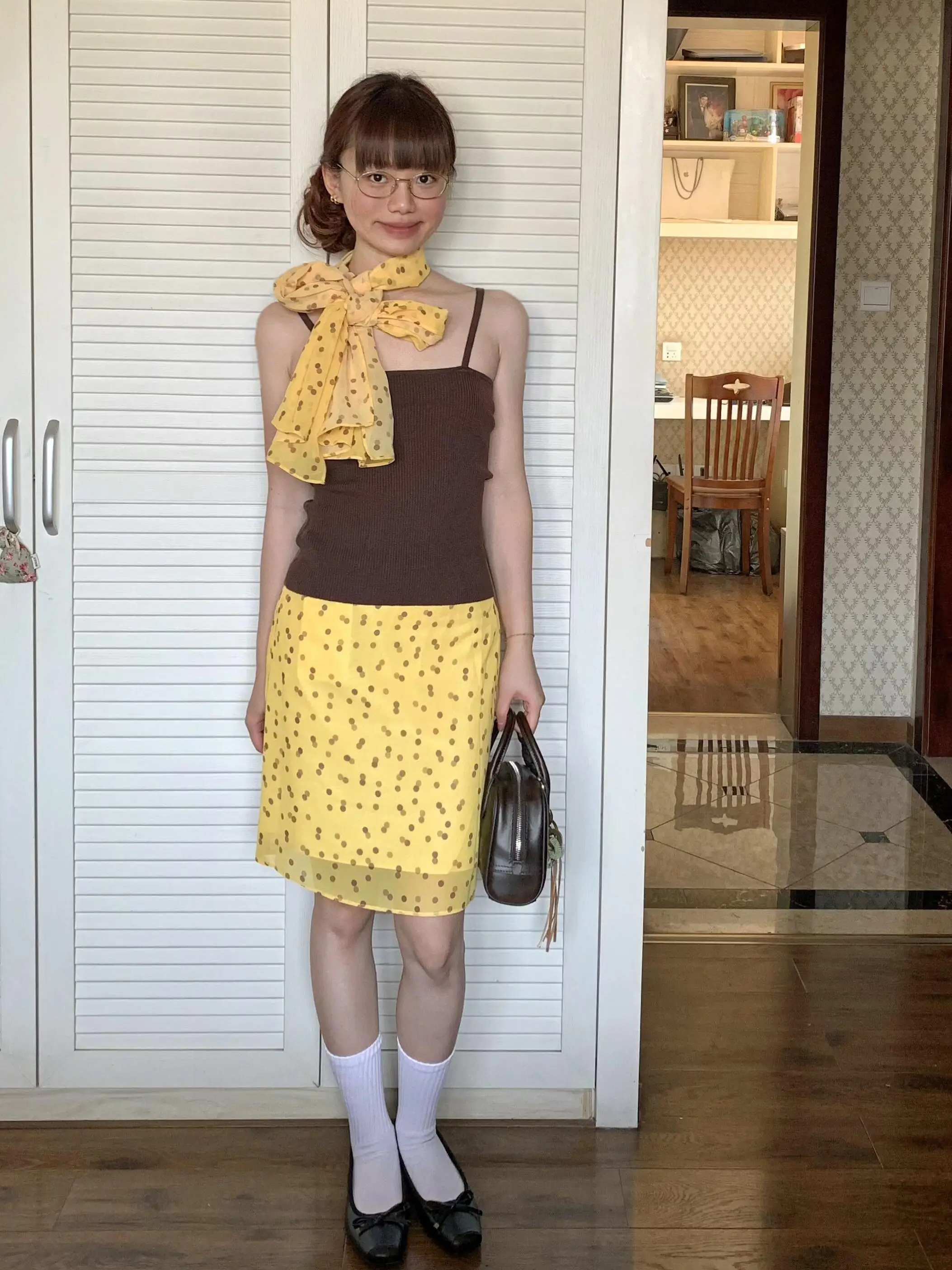 

Yellow Polka Dot Summer Vaion Sle Chiffon f-length"A"word Skirt Women's Faion Versatile Midpoint Slimming