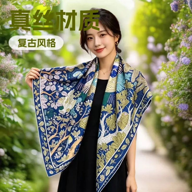 100% Mulberry Silk Square Scarf Women Vintage Fairy Tale Print Large Scarf Shawl Wrap