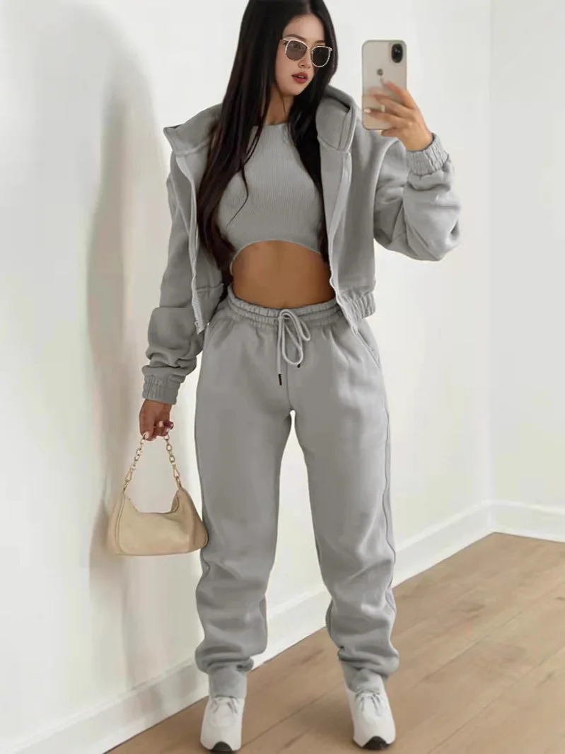 Ladies Tracksuit Zippered Hooded Jogger Tracksuit Thermal Lined Trousers Tracksuit Fashionable Athleisure Cozy Ensemble view 5