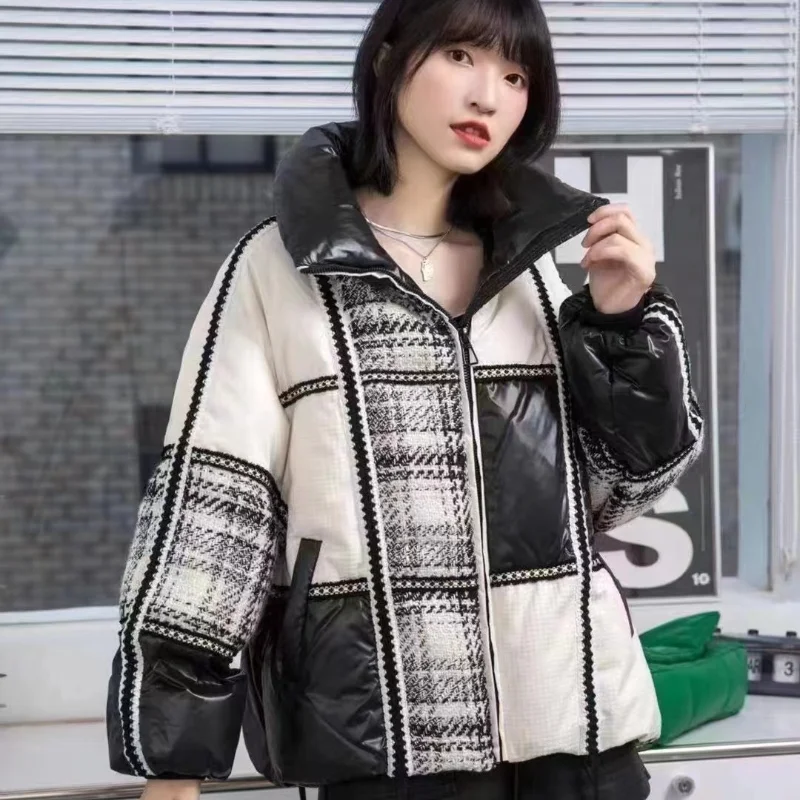 

Plaid Patchwork Puffer Coats for Women, Thick Loose Warm Parka, Color Clash, High Street, Female Outerwears, Winter, New