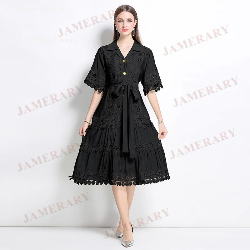 Elegant Summer Embroidery Long Dress Shirt Women Hollow Out Short Sleeve Loose Size A Line Midi Dresses Party Evening Vestidos