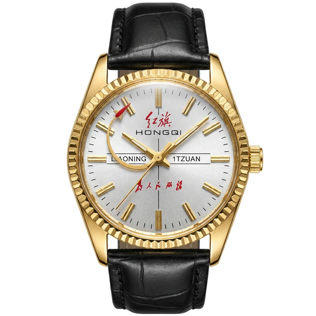Men Retro HONGQI Manual Wind Mechanical Wristwatch Gold Plated Case Black Leather Band Business Dress Watch for Collection Gift