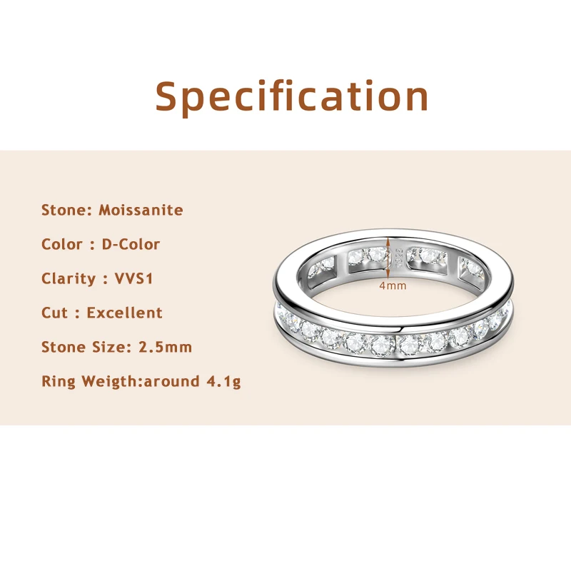 AINUOSHI Exquisite 2.5mm Moissanite Eternity Rings Certified 925 Sterling Silver Engagement Rings for Couples Wedding Jewelry