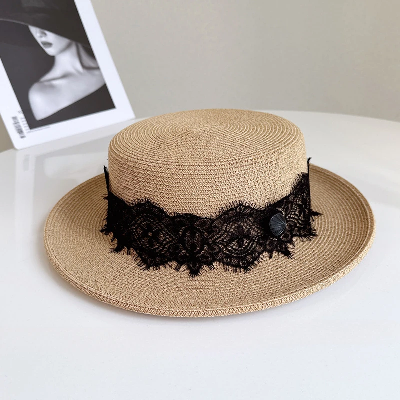 Sophisticated fashion Hepburn style lace ribbon Fisherman hat Women's summer sun block straw hat beach holiday visor