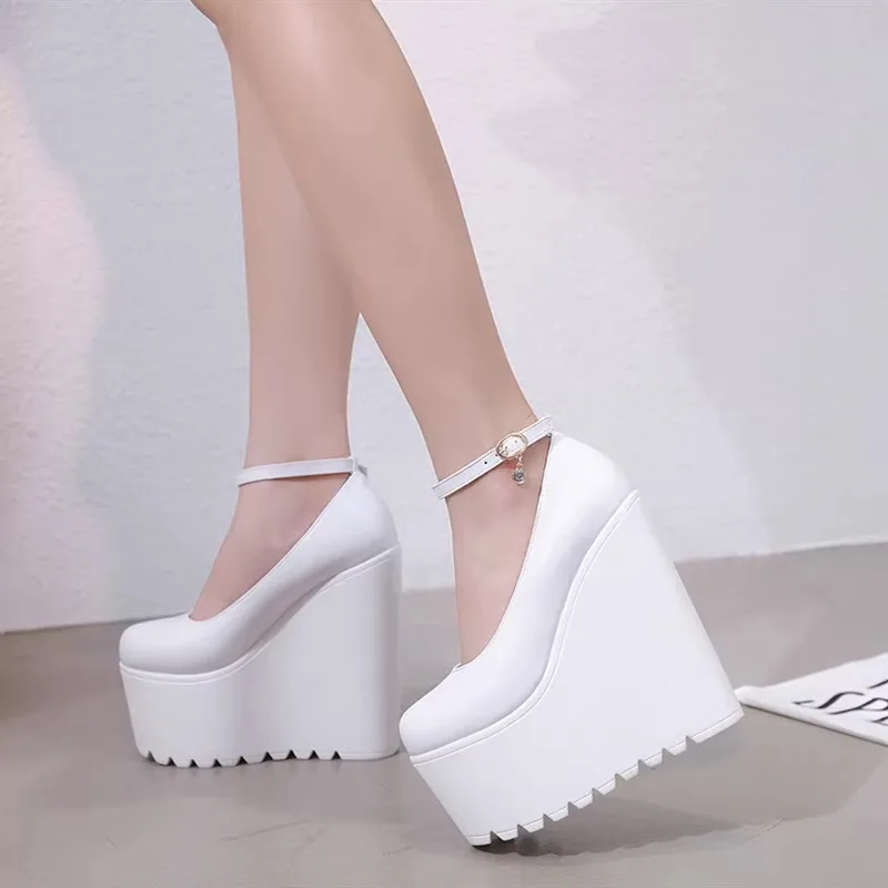14cm 16cm New Style Round Toe High Heel Shoes with Ankle Strap, Chunky Heel and One-Word Buckle Design for Women white heels