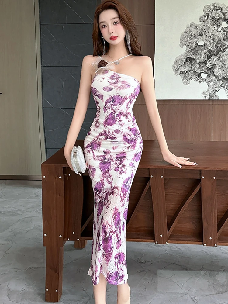 2025 Boho Floral Mesh Chic Flower Sling Long Dress Women Elegant Casual Beach Sundress Spring Summer Korean Fashion Party Dress