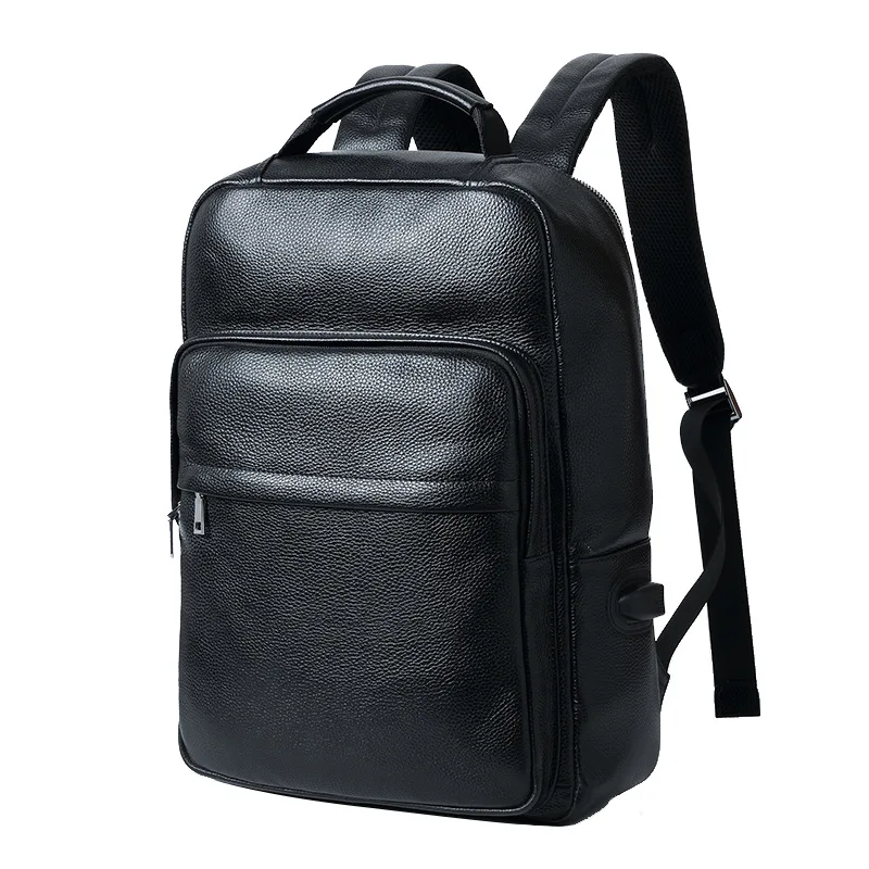 Fashion leather backpack men\'s business computer bagpack top layer cowhide backpack with USB charging cable daypack men male