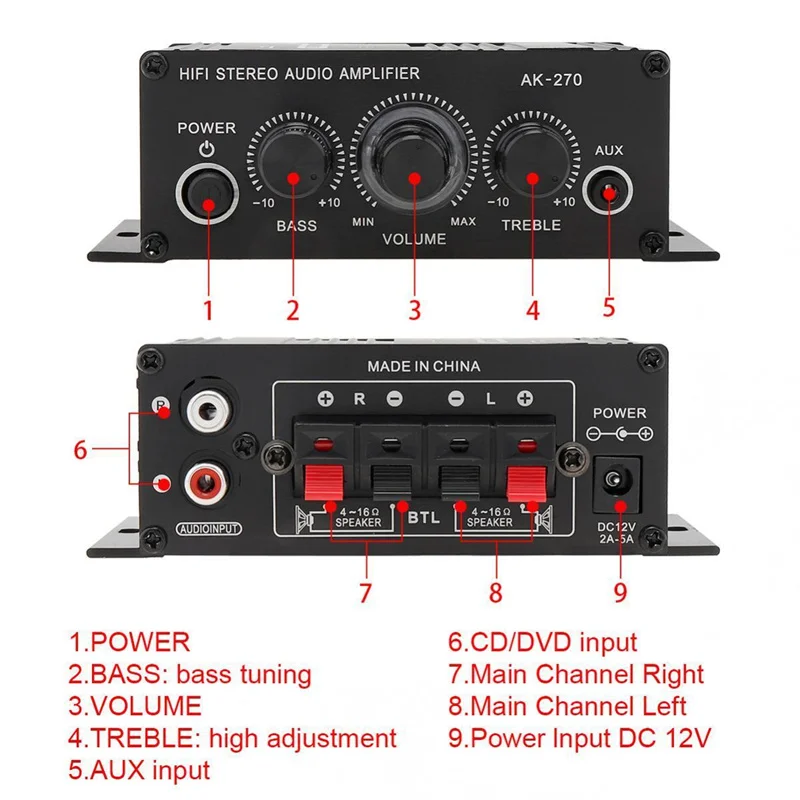 Amplificatore di potenza Hifi per auto AK-270 200W 12V 2A Home Car Hifi amplificatore di potenza Stereo BASS Audio Amp altoparlante Car Home Sound Power Amp