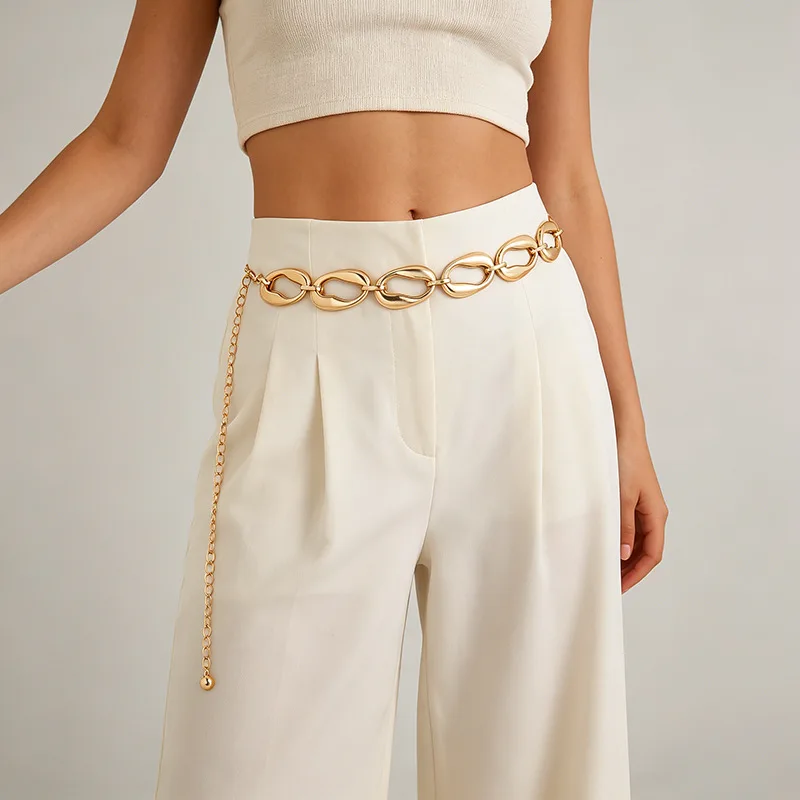 Vintage Oval Link Chain Belt Cinturon Adjustable Metal Waist Chain Women Fashion Heavy Accessory For Dress Jeans Daily Wear