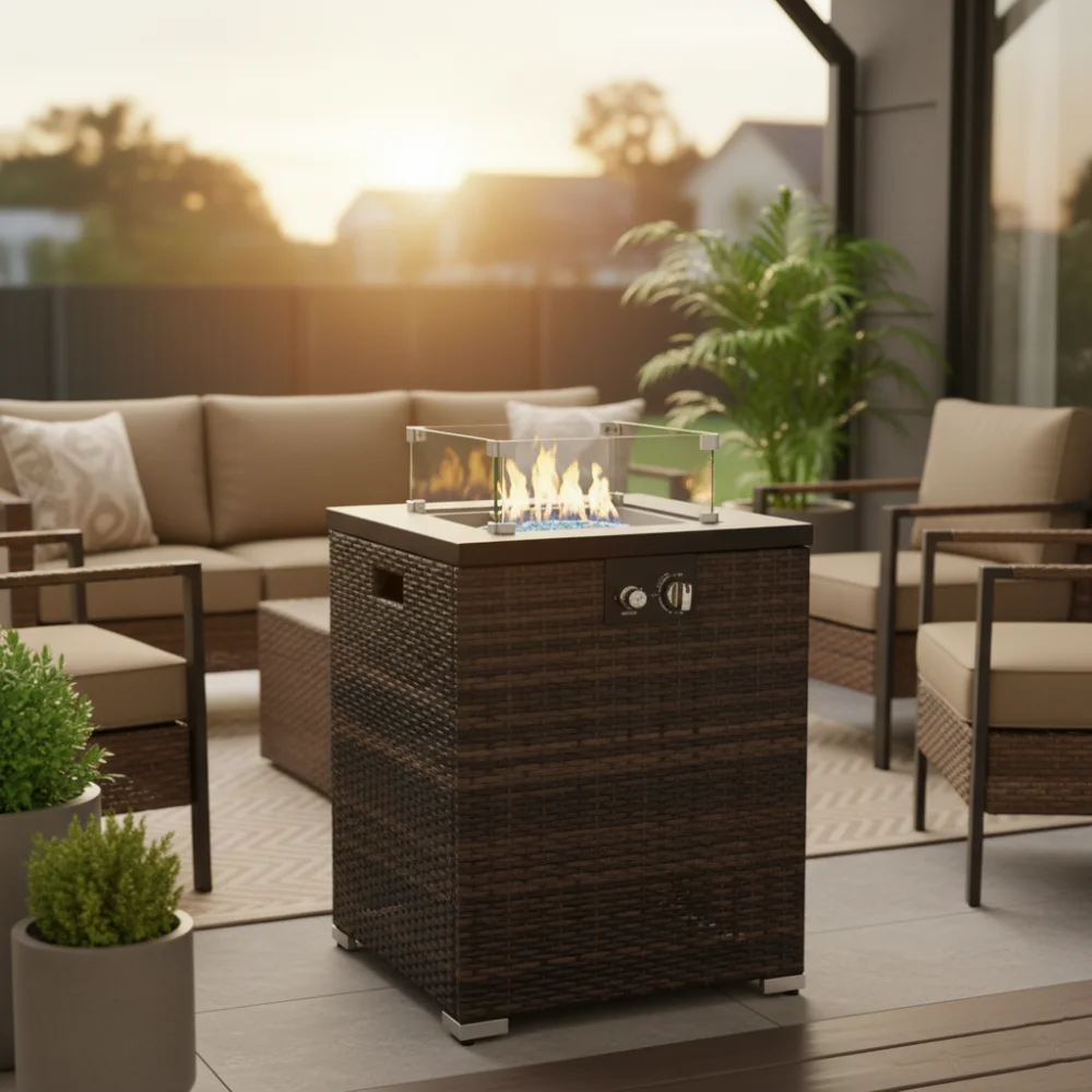 Patio Heaters 22 Inch Propane Gas Fire Pit Table 50000 BTU Outdoor Square Patio Heater with Tempered Glass Wind Guard, Weather Resistant Wicker Base, Steel Tabletop for Garden Deck Backyard, CSA Certified, Dark Brown
