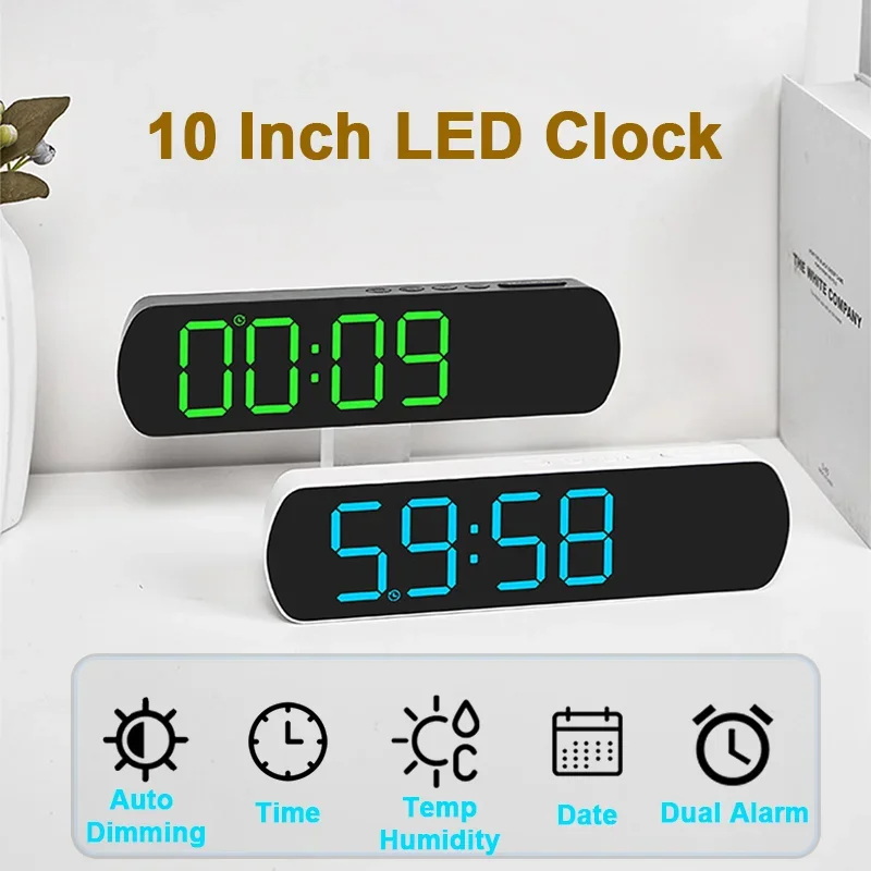 10 Inch LED Digital Alarm Clock TEMP & Humidity/Dual Alarm/Date/Week/DST Electronic Table Clock USB/Battery Powered LED Clocks