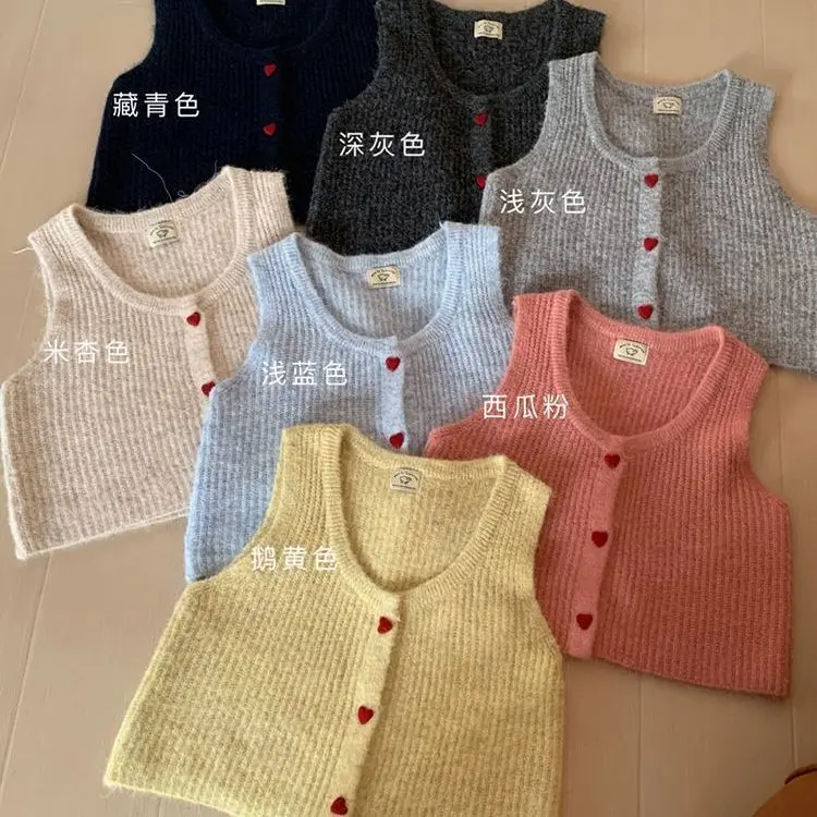 سترة صوفية متماسكة جميلة على شكل قلب، سترة كورية بدون أكمام، مثالية لجميع المواسم