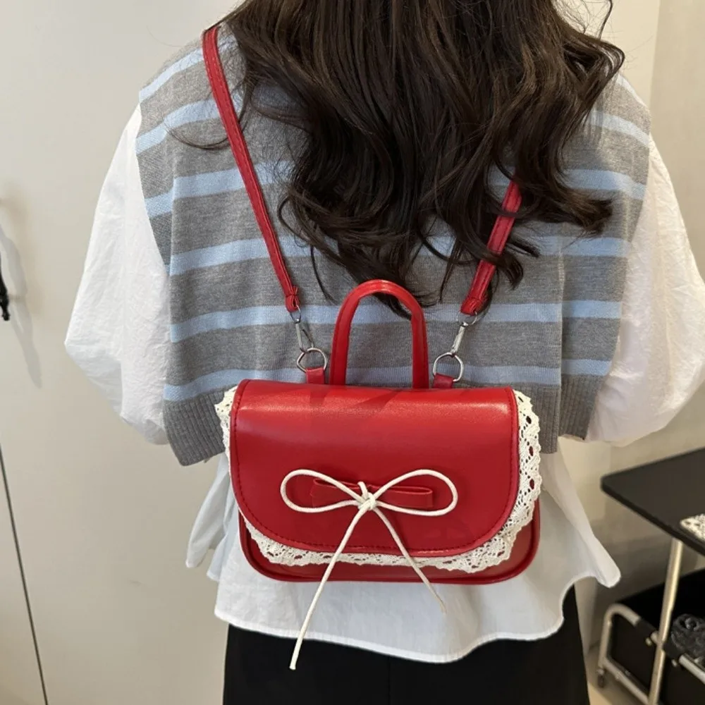 Mini mochila Kawali con lazo de encaje, elegante bolso de cuero PU cuadrado con asa, bolso de hombro para estudiantes