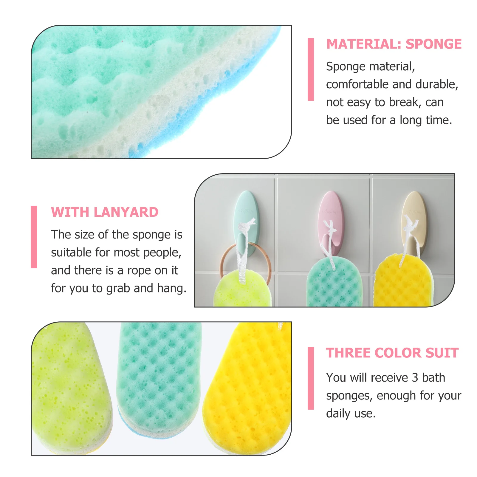

3pcs Bathing Sponge Body Scrubber Shower Bath Tool Exfoliating Moisture Absorbing Hangable Rope Durable Comfortable For Women