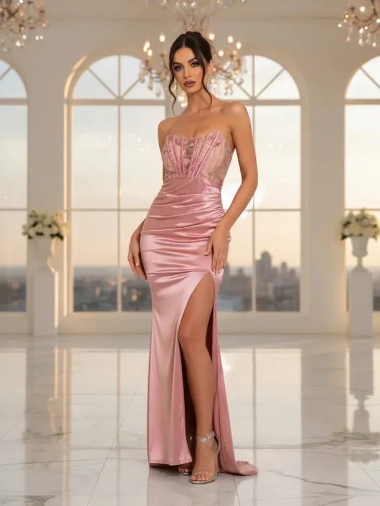 Paillettenspitze, ausgehöhltes Satinkleid, Brautjungfern-Abendparty, Maxikleid, trägerlos, rückenfrei, Schnürung vorne, Schlitz, Rosa, Marineblau