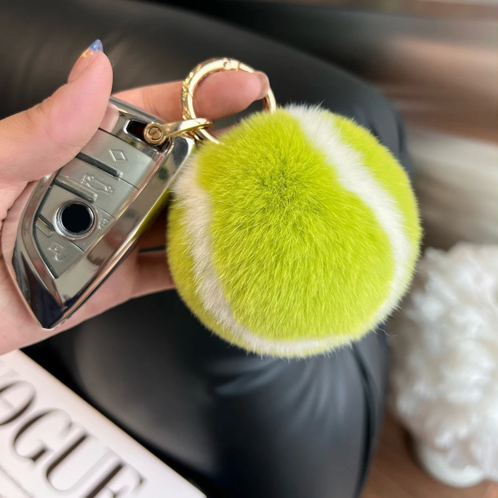 Porte-clés de voiture de tennis en fourrure de lapin véritable pour filles, balle en peluche, pendentif Ins, sac d\'école, ornements de