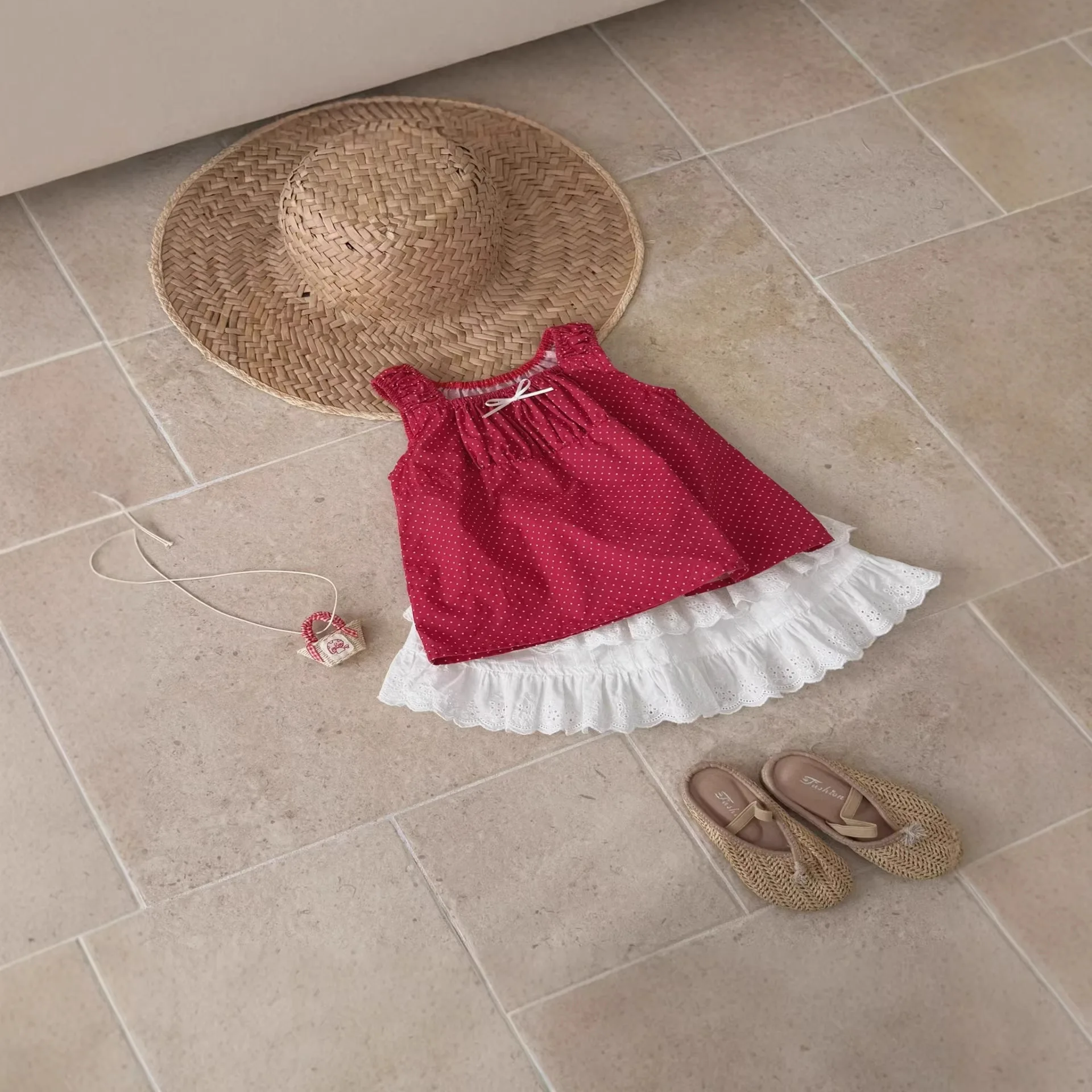 

Children's Set 2026 Summer New Cotton Western Style Korean Edition Girls' Bow Shirt Casual Solid Color Cake Skirt