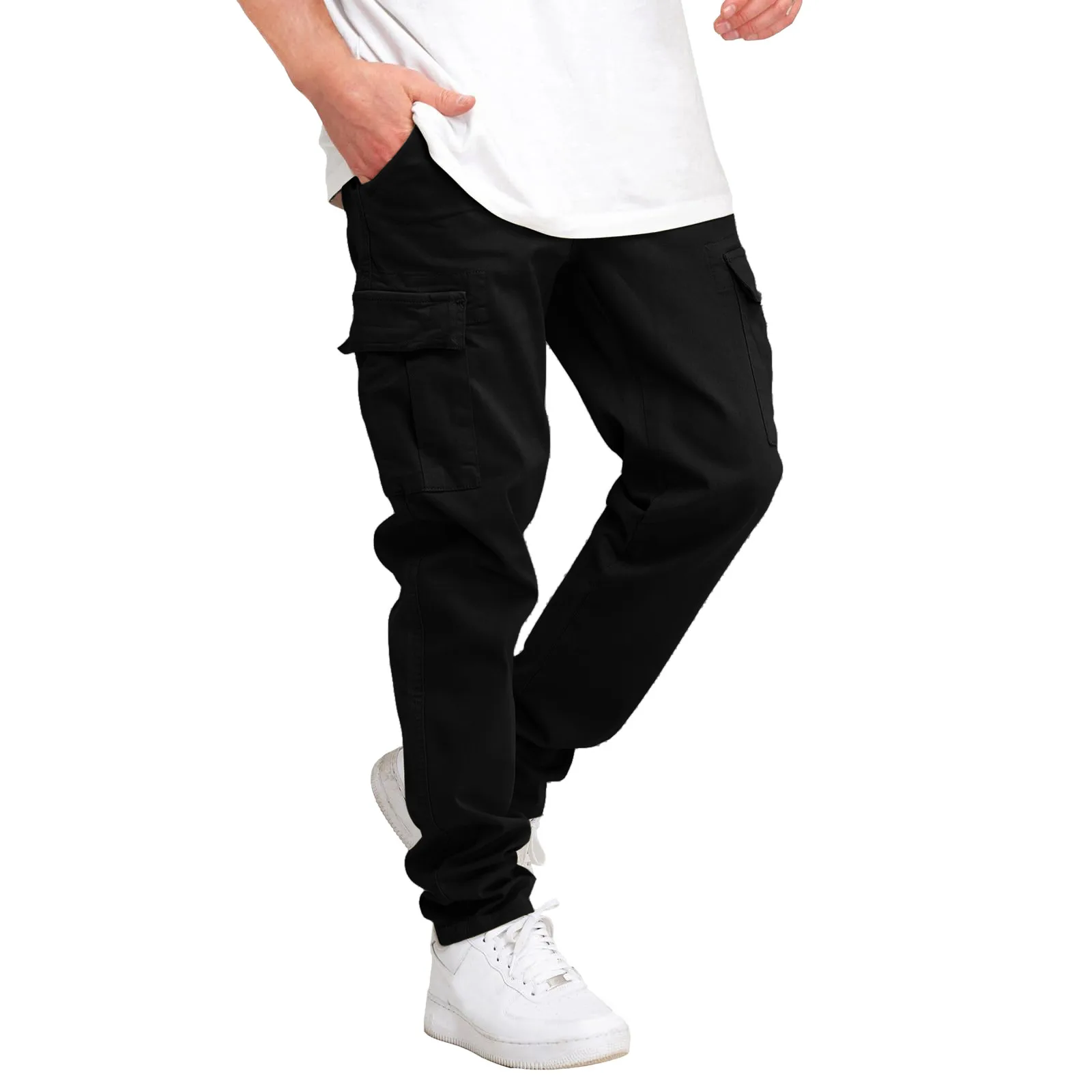 Mens Casual Solid Color Cargo Pants Sports Hat Multi Woven Pocket Foot Rope Pants Street Cargo Tie Mens Slim Fit Long Trousers