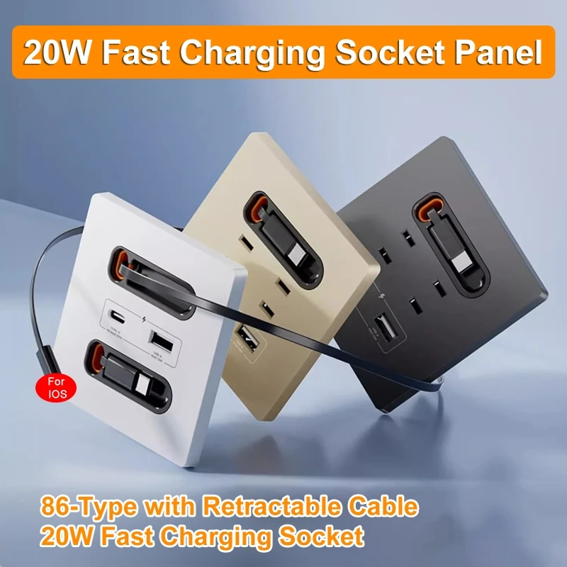 

12W Fast Charging Panel with80cm Retractable Cable Type-C & USB-A Socket Switch Panel 86-Type Mobile Phone Charging Socket Panel