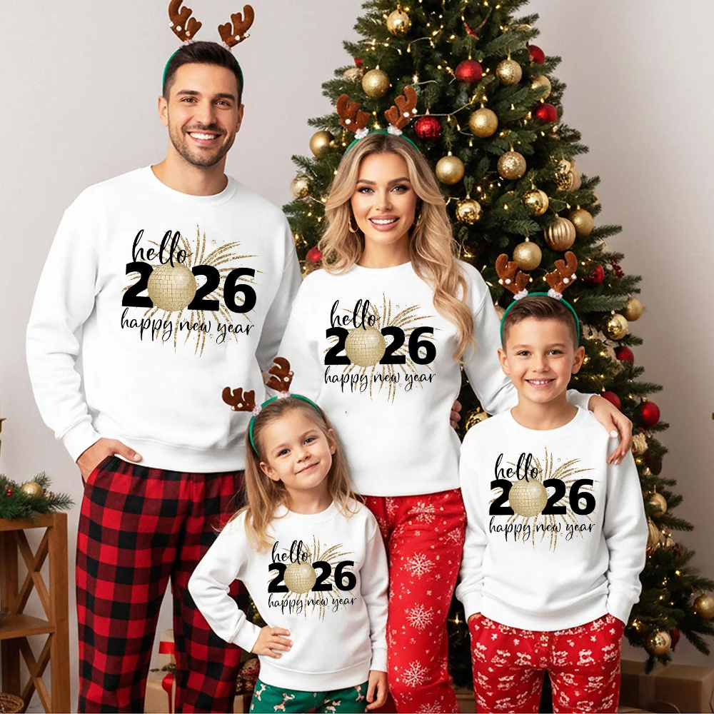 

Hello 2026 Happy New Year Family Matching Sweatershirts Outfits Happy New Year Dad Mom Kids Sweaters New Year Family Look