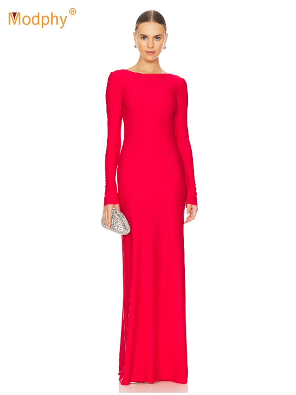Modphy Elegant Backless Diamond leaf design Maxi Dress Ladies Sexy Bodycon Long Sleeve Club Party Outfits Fashion Dresses