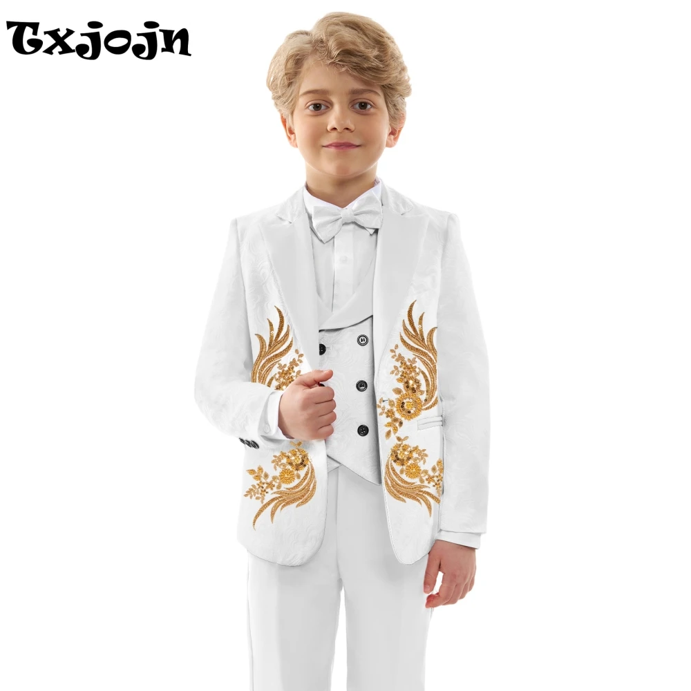 

Txjojn Luxurious Beaded Appliques Suit Set 4 Pieces For Boys Jacquard Kids Suits Performance Costumes Handsome Party Tuxedo