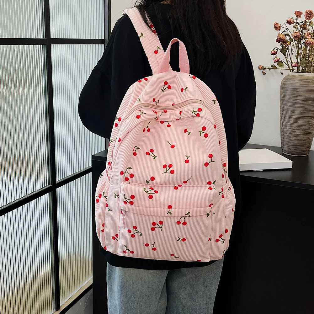 Corduroy Backpack Cherry Pattern Women Travel Daypack Adjustable Strap Laptop Backpack Zipper for Work Shopping School