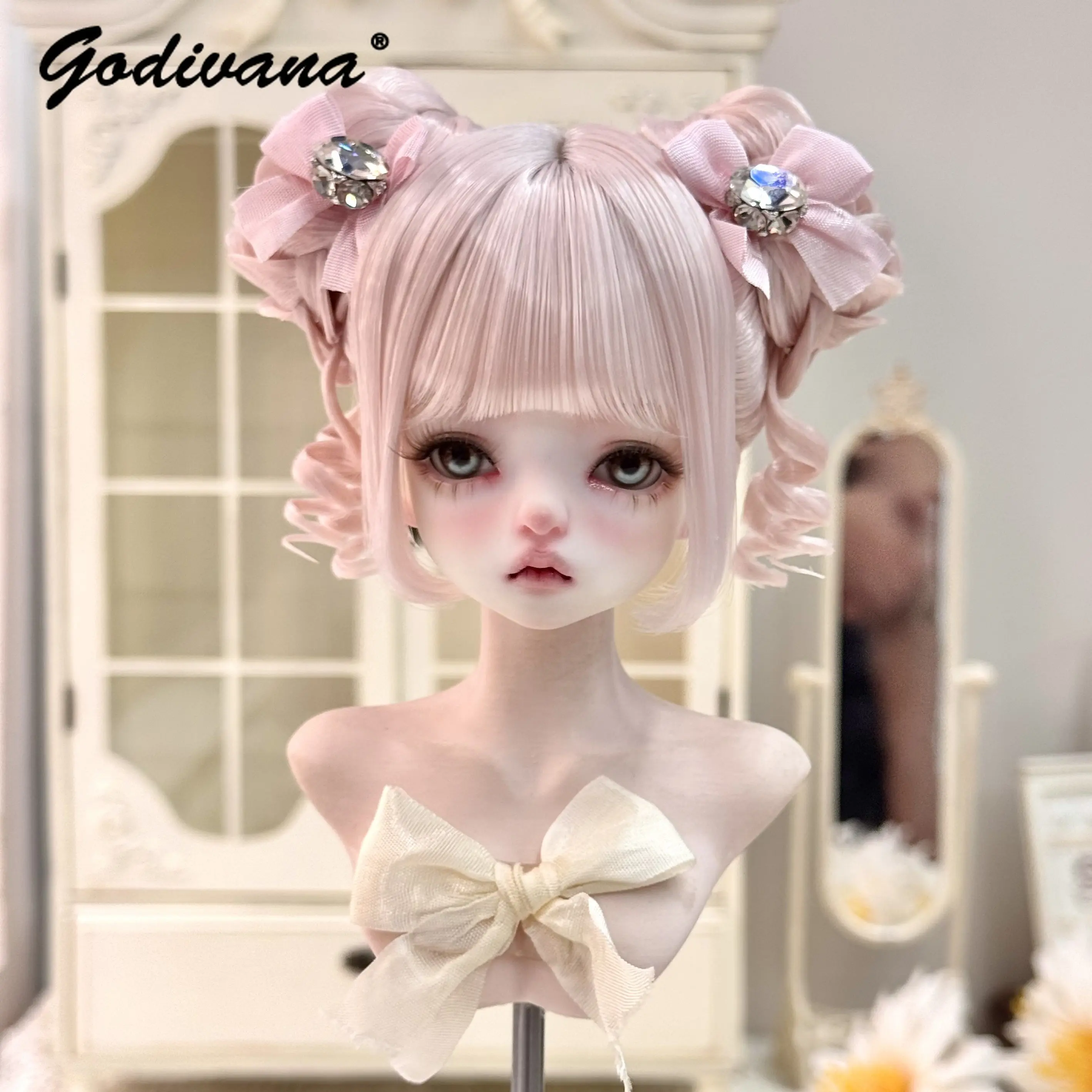 Original Kawaii Double Chignon Doll Wig with Ribbon Bow and Crystal Sweet Bangs Updo Hair for 1/3 1/4 1/6 BJD Blythe Doll