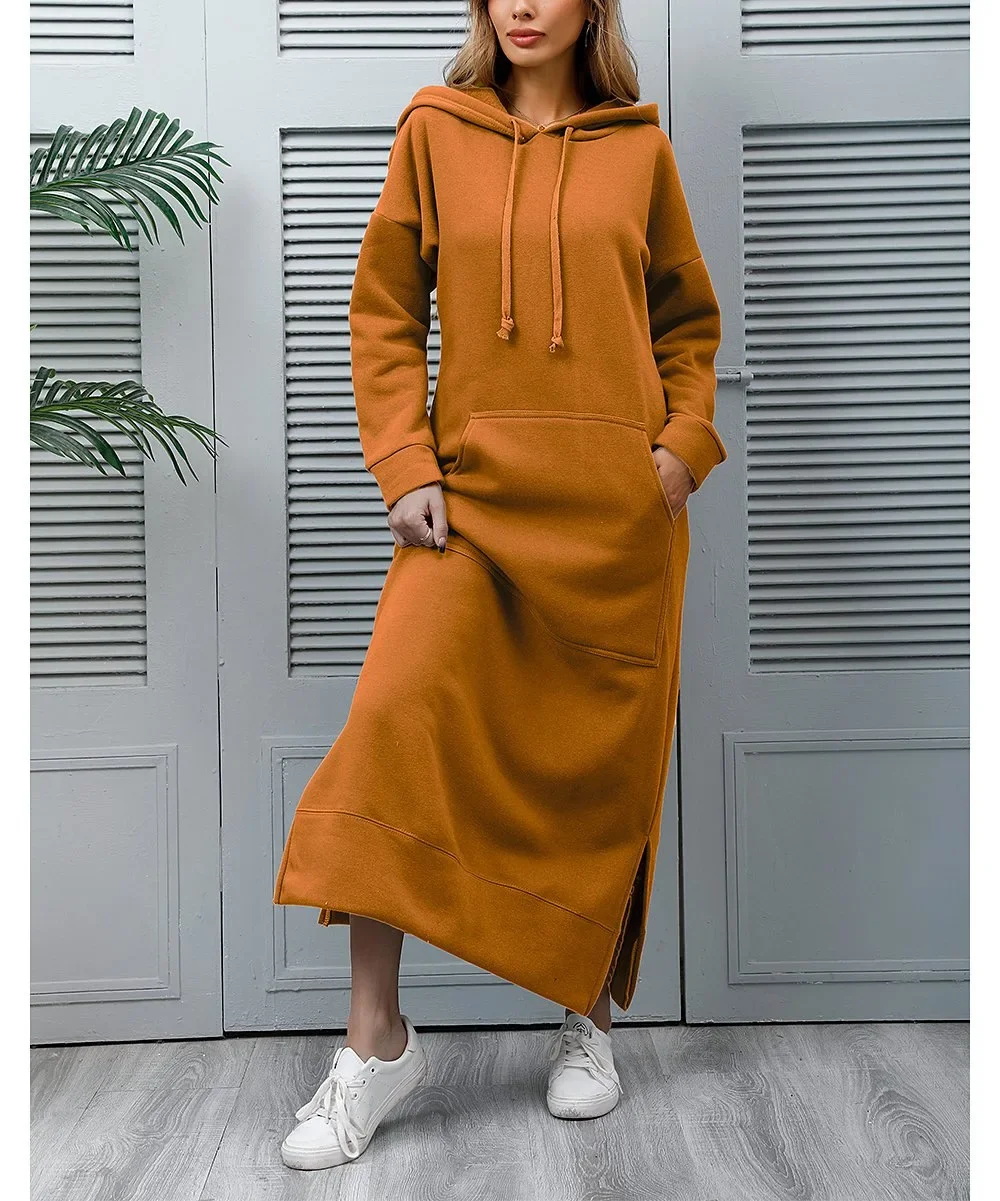 Frauen kleider Herbst Winter Hoodies Kapuze große Tasche Pullover Kleid lang ärmelig lässig locker elegant Büro Dame Vestidos