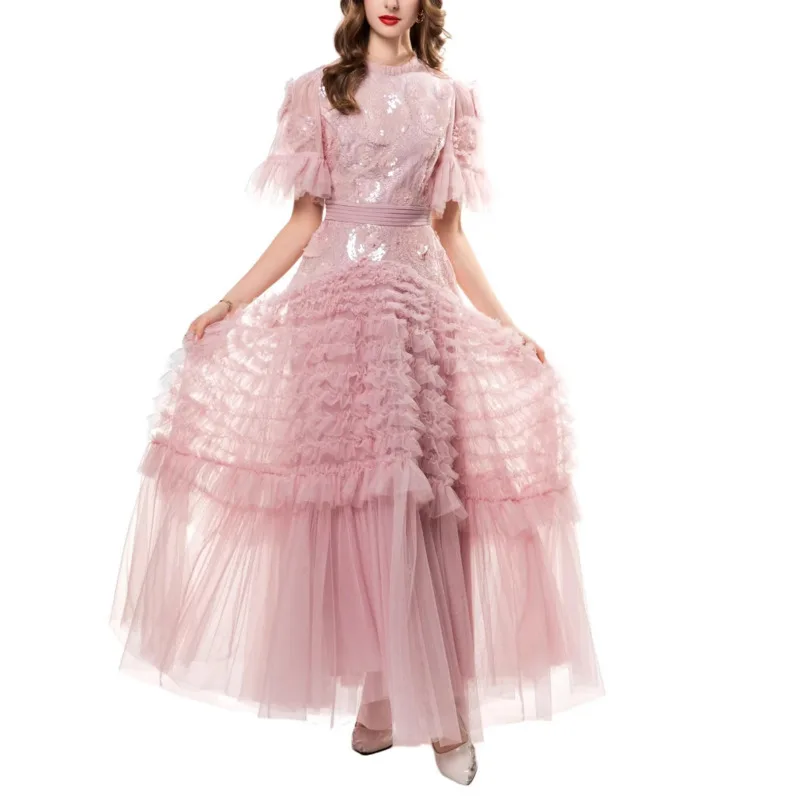 Hksh primavera verão nova maré feminina chique moda elegante doce babados colarinho manga alargamento em camadas saias longas vestido hk5391