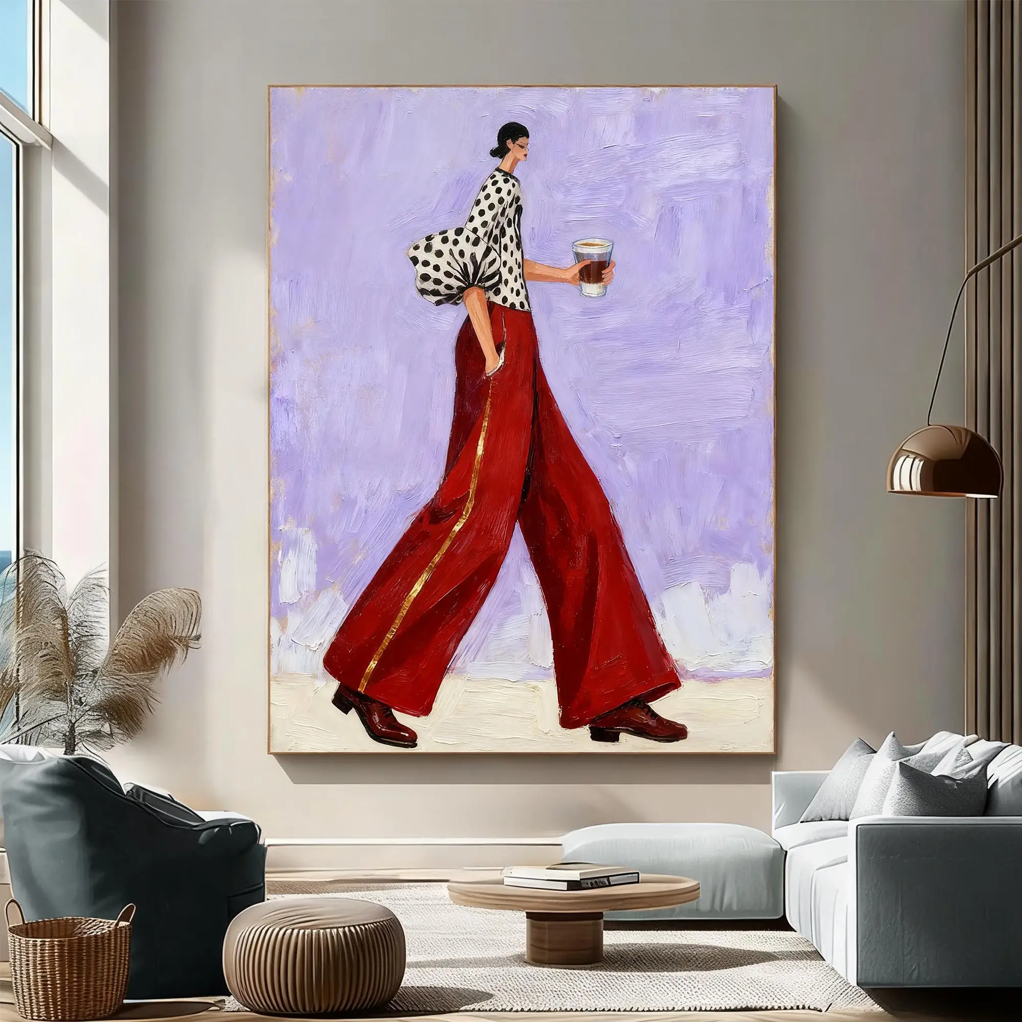 Modern and stylish poster,A woman drinking coffee,embodying the confident charm of a modern urban woman,Suitable for home decor.