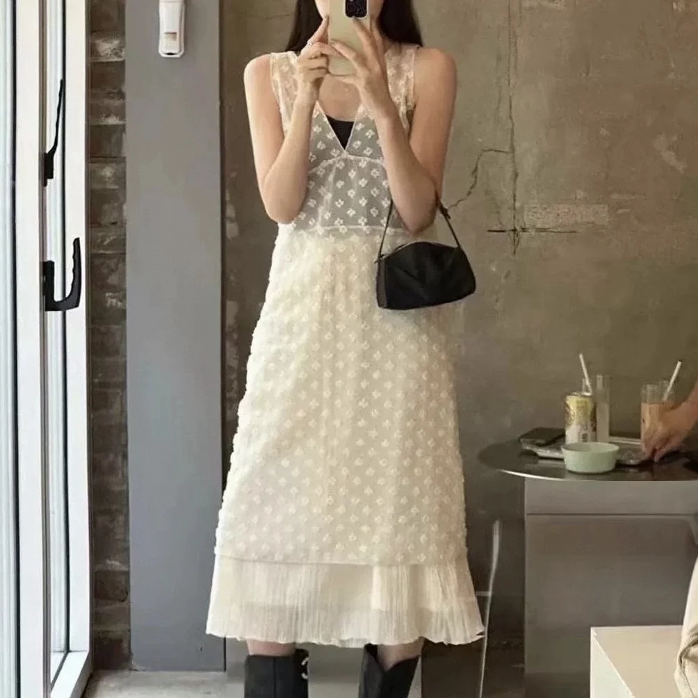 Breathe Flowers Dot Lace Chiffon Abbigliamento sovrapposto trasparente Gilet con scollo a V Dr Ele Gonna a trapezio Sle per le giovani ragazze Estate...