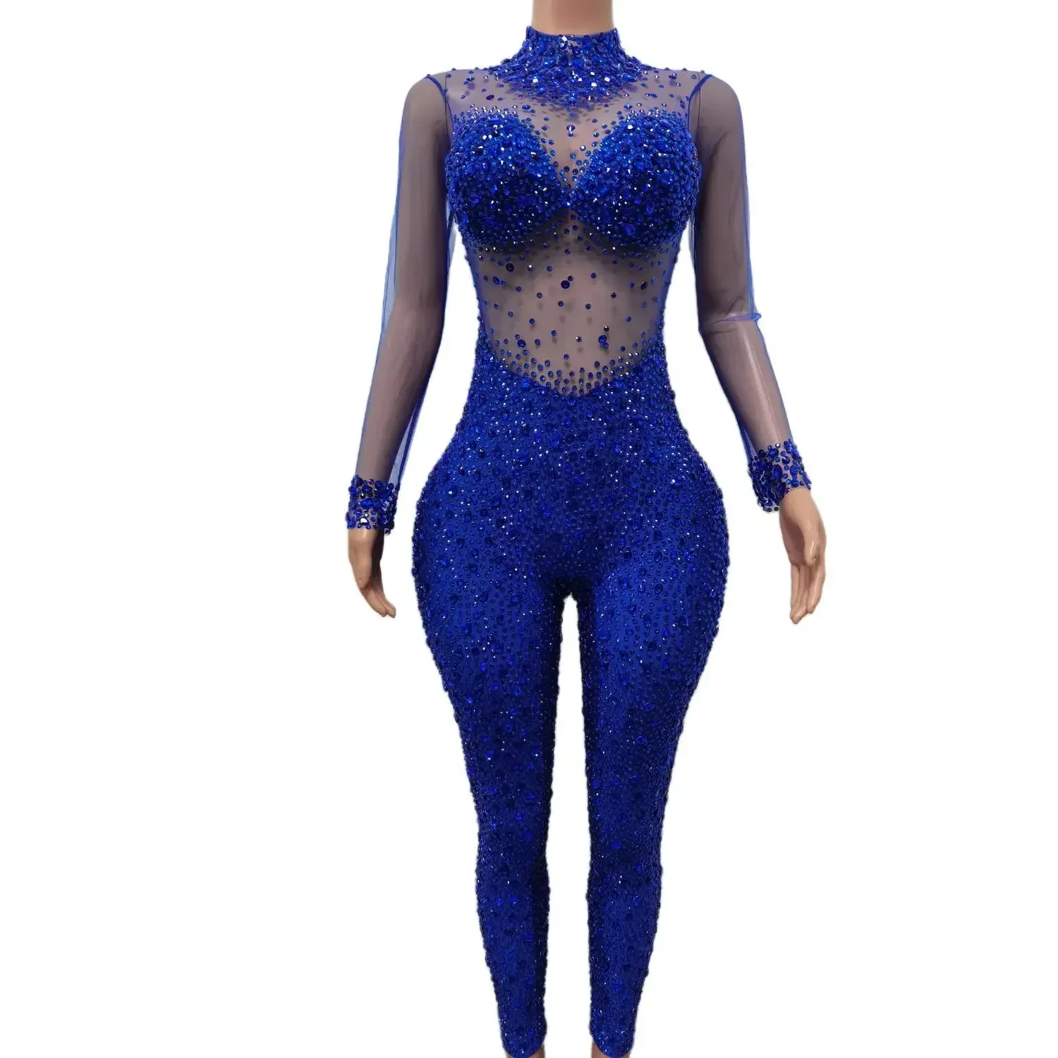 Sparkly Blue Rhinestones Skinny Jumpsuit Women Long Sleeve Tights Prom Party Rompers Concert Singer Dancer Jumpsuit Wangshazuan