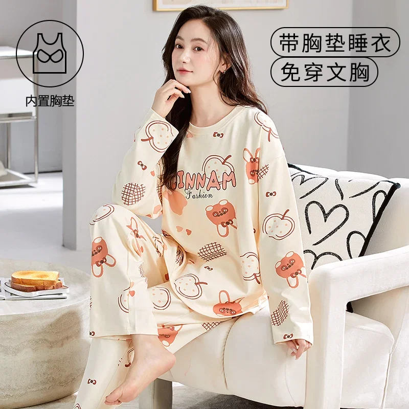 With Bra Pad Pajamas Set for Women 2024 Cotton Nightwear Female O Neck Long Sleeves Sleep Top Trouser Sleepwear Cartoon Cute Pjs