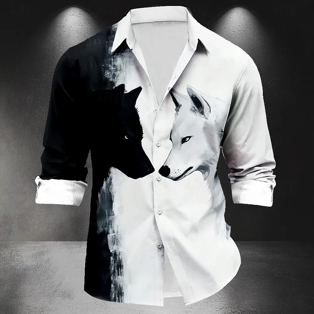 Shirt Men's Creative Black and White Wolf Leopard Shirt Business Casual Street Outdoor New Tops T-shirt Soft and Comfortable