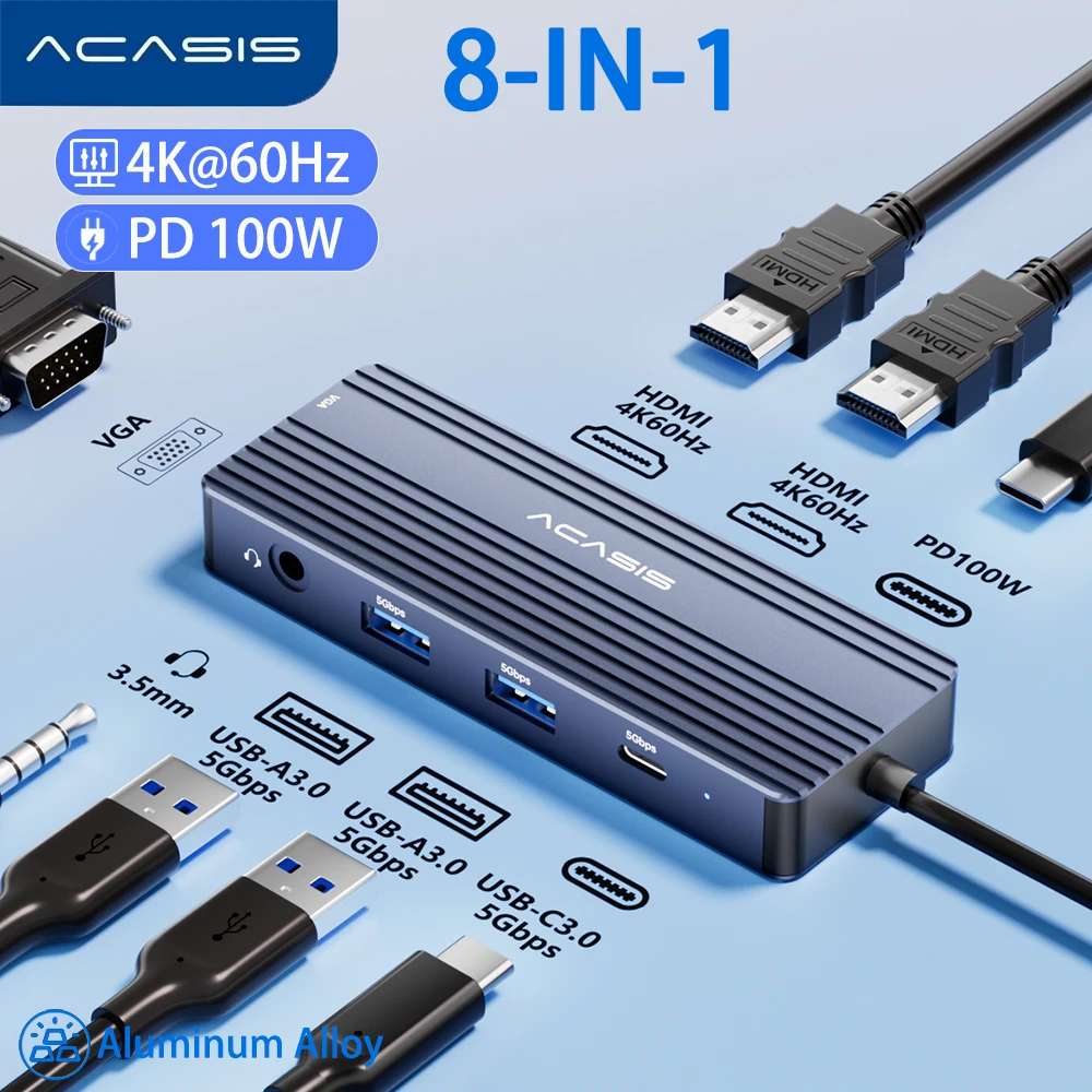 ACASIS 8‑in‑1 USB‑C Docking Station Station 3Monitors Dual 4K@60Hz HDMI VGA PD 100W USB‑A/C 3.5mm Audio Hub For MacBook Windows
